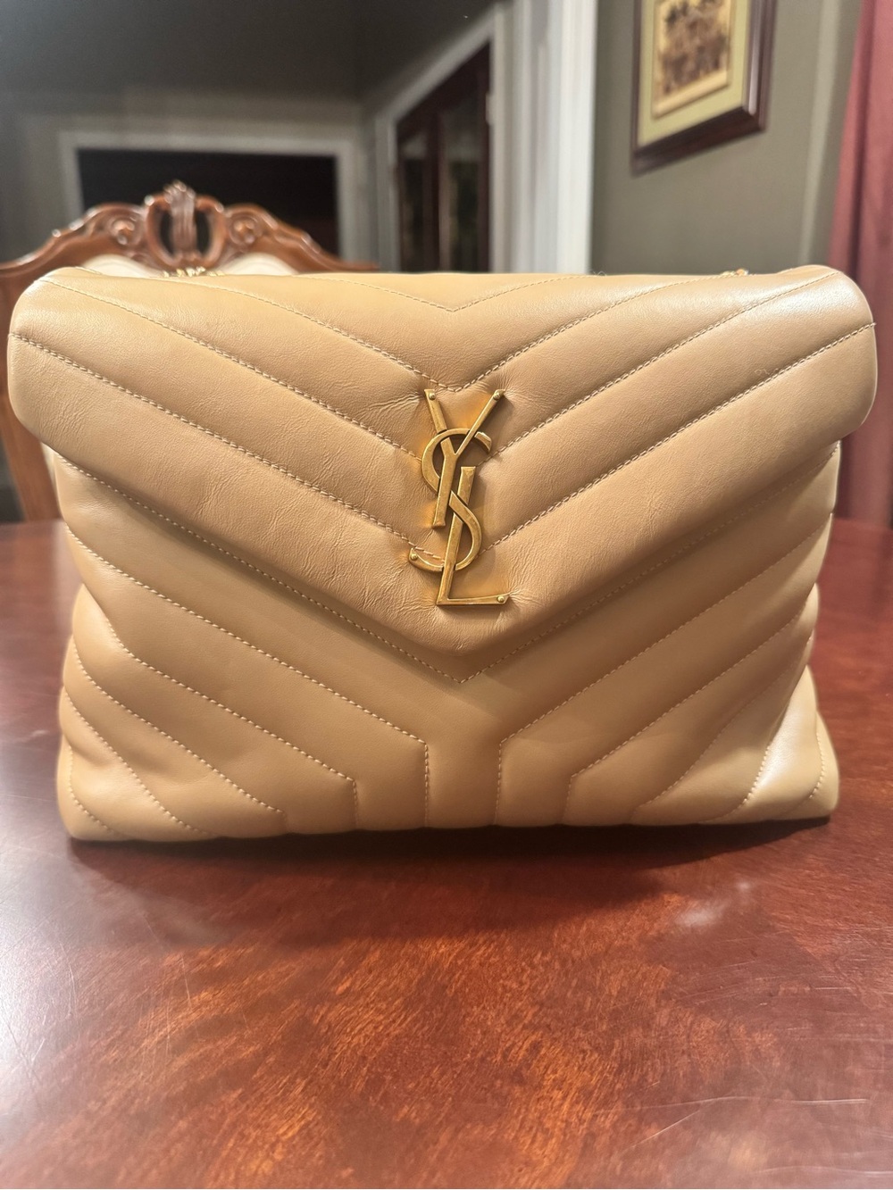 Saint Laurent Beige Chevron Loulou Medium Chain Shoulder Bag - excellent cond! - Picture 10 of 15